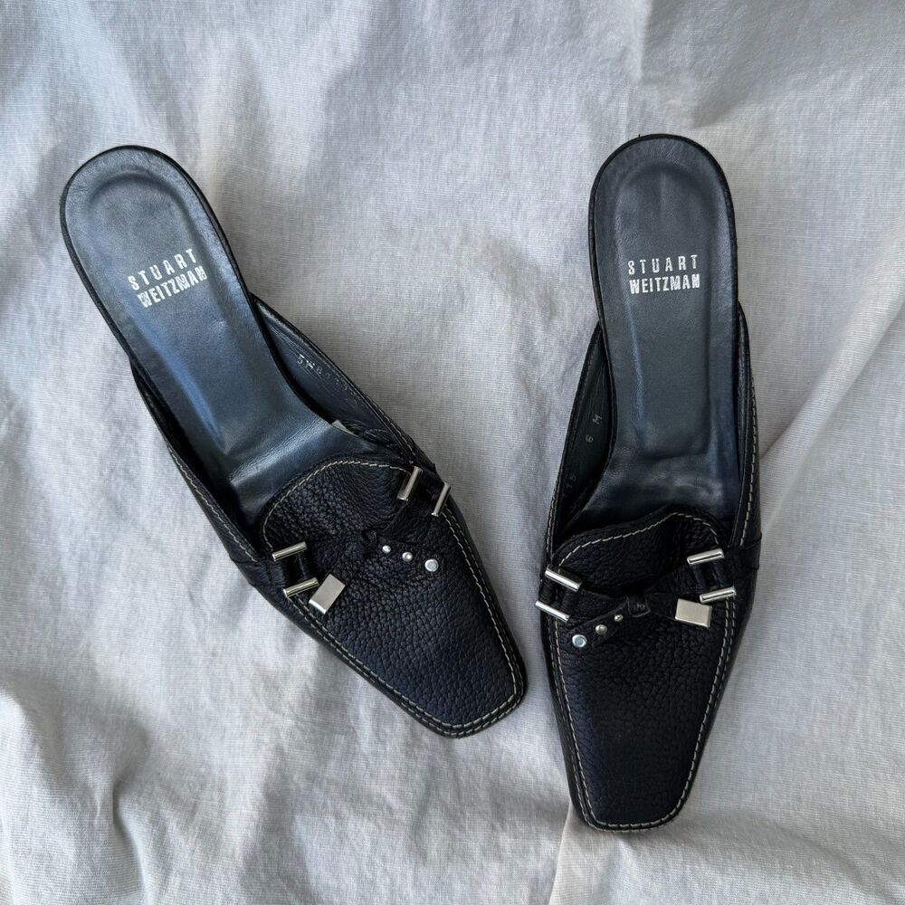 Vintage Stuart Weitzman Black Pebbled Leather Kitten Heel Mules